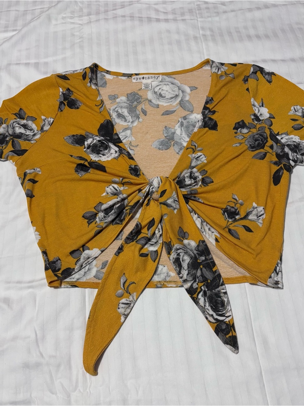 eye candy Mustard Floral Tie-Front Crop Top with Black & Gray Roses